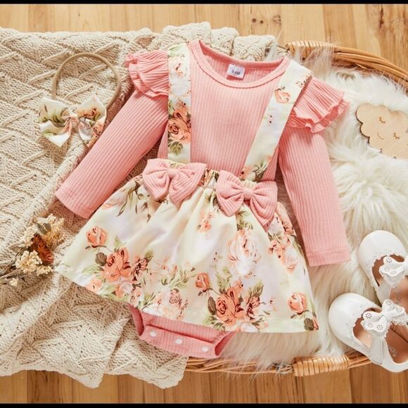 NEW Size 3-6 months 2 pc long sleeved pink ribbed romper floral bow and ruffles - Picture 1 of 5